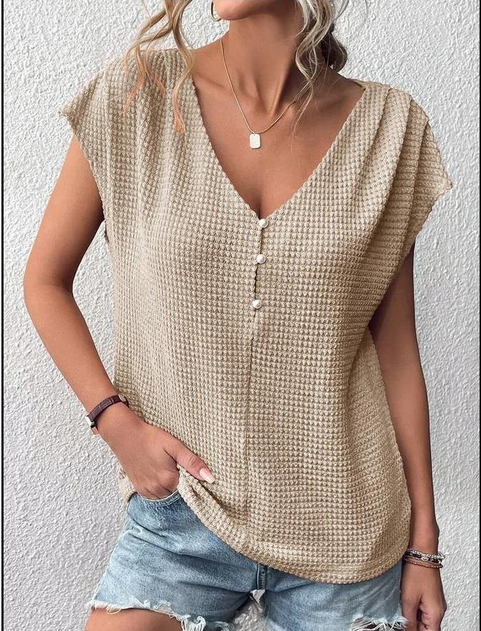New Waffle Casual Solid Button Panels Women'S Short-Sleeved T-Shirt