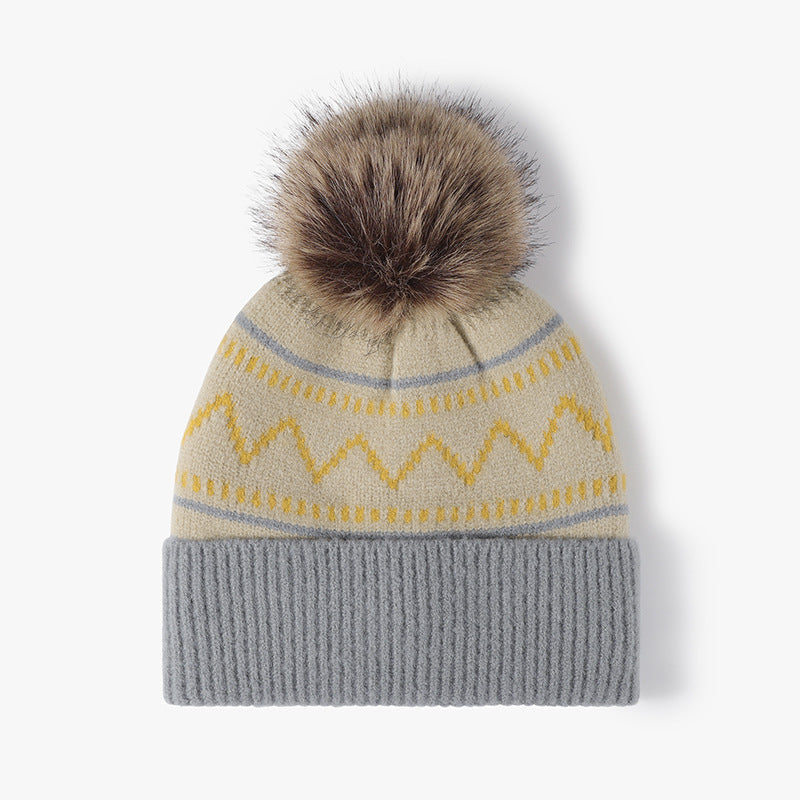 Splicing Striped Padded Knit Pom Beanie