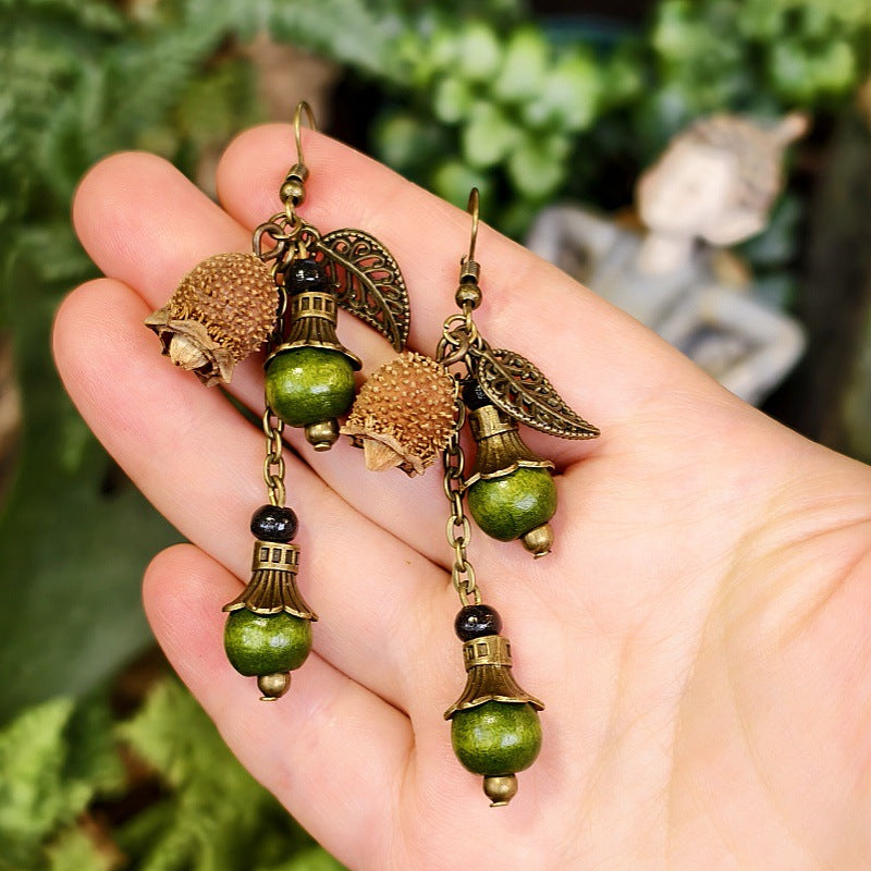 Bohemian Floral-Inspired Alloy Earrings with Unique Wood Bead Design