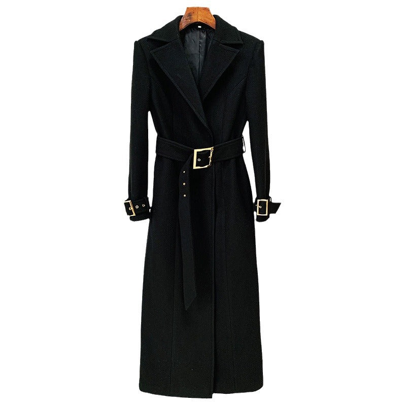 Trendy Black Long Woolen Coat With Belt