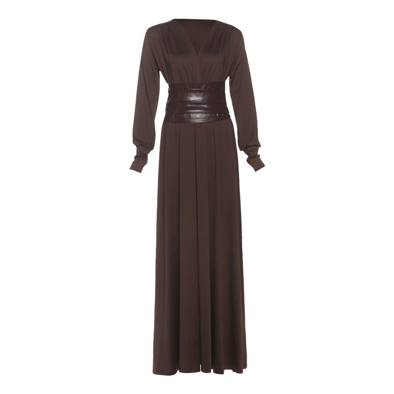 French Elegant Vintage V-Neck Loose Maxi Dress With Waist Belt