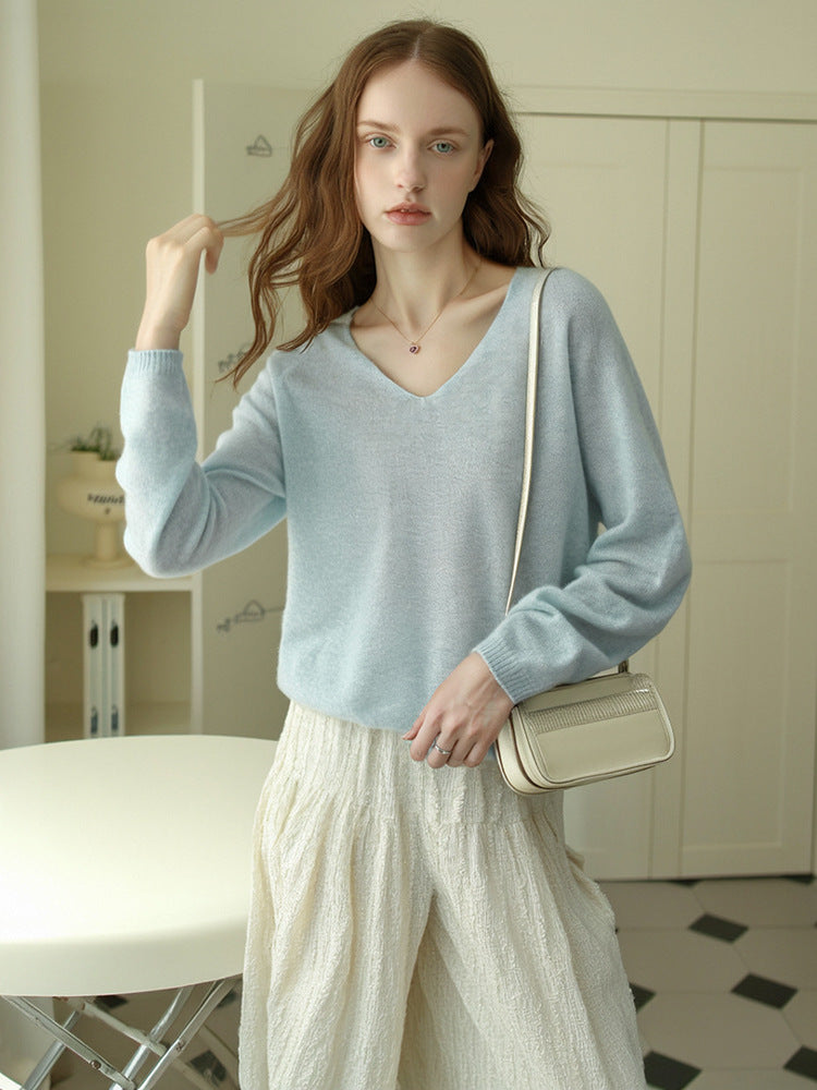 V-Neck Cashmere Blend Long Sleeve T-Shirt Elegant Casual Top