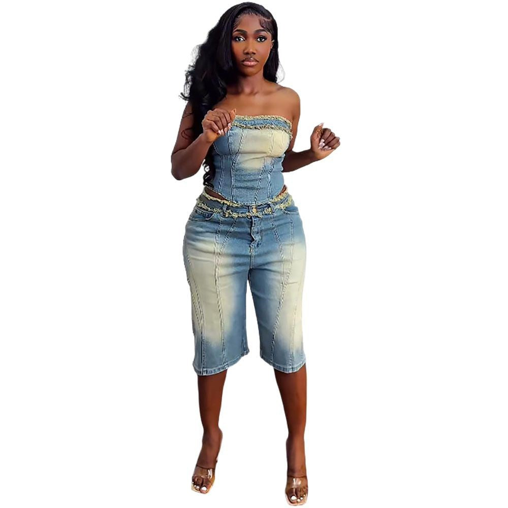 Women'S Denim Set Trendy Sleeveless Wrap Top High-Waisted Shorts