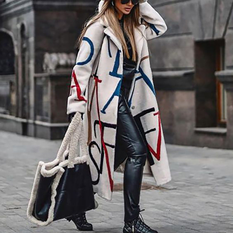 Coat Women'S Long Sleeve Lapel Letter Print Fashion Wool Thermal Coat