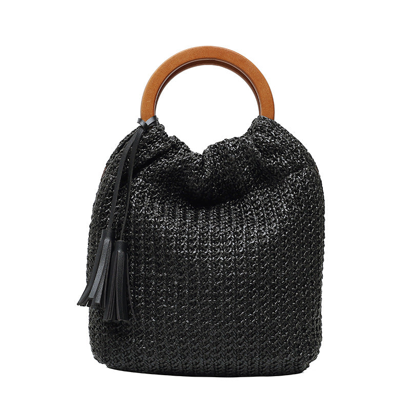 Trendy Round Wood Handle Tote Bag With Tassels