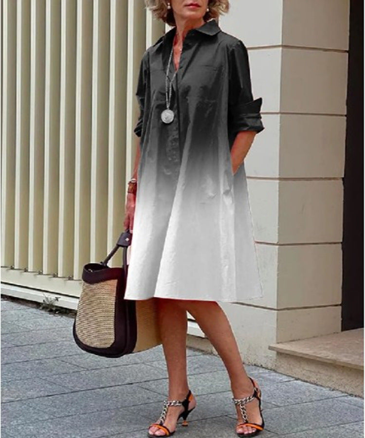 Spring And Summer Fashion Gradient Print Shirt Collar, Long Sleeve Pockets, Midi Dress