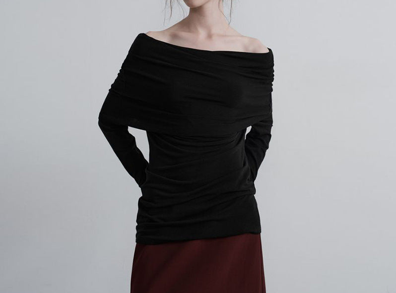 French Off-Shoulder Long Sleeve Top Stylish Knitted T-Shirt