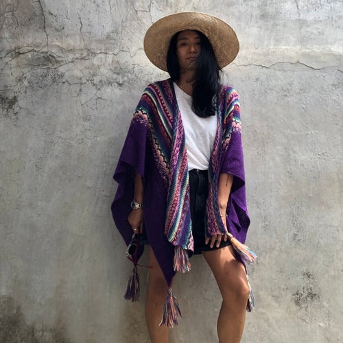 Striped Sweater Shawl Sleeveless Knit Cape Over Women'S Thick Blanket Coat