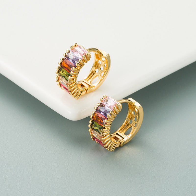 Colorful Zirconia Stud Earrings U-Shape Brass Plated with 18K Gold