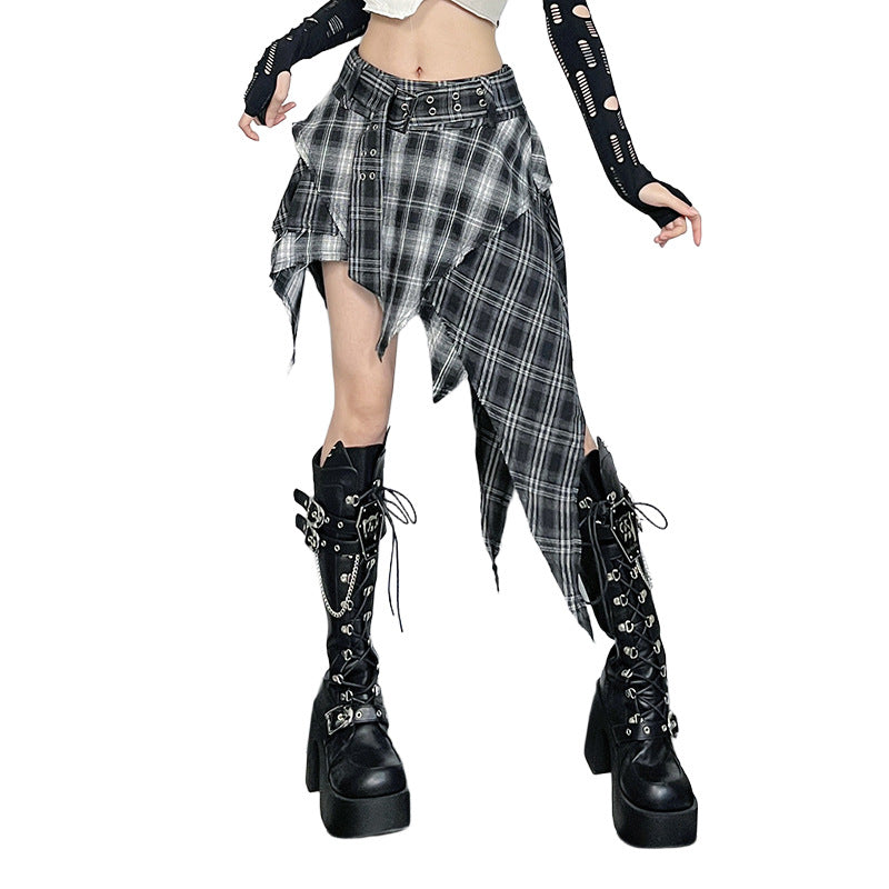 Black Unstructured Plaid Skirt Trendy Gothic Fashion