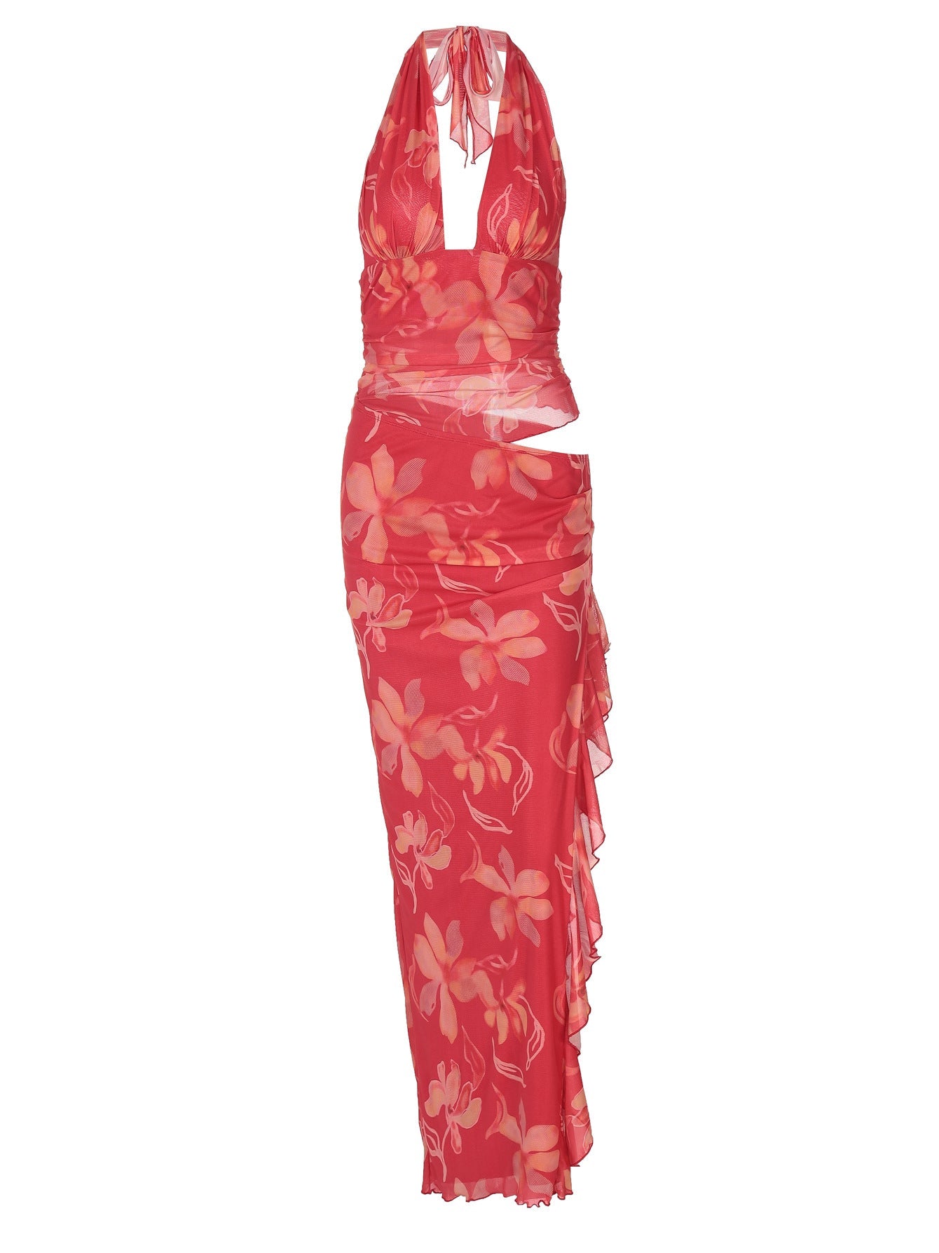 Sexy Deep V Neckline Flare Dress with Ruffle Hem
