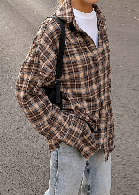Oversized Cotton Plaid Button Up Shirt Brown