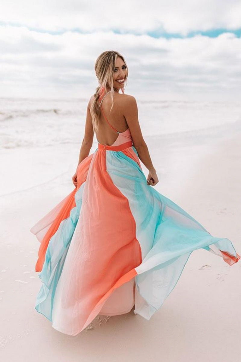 Suspenders Sexy Deep V Rainbow Mesh Slip Dress