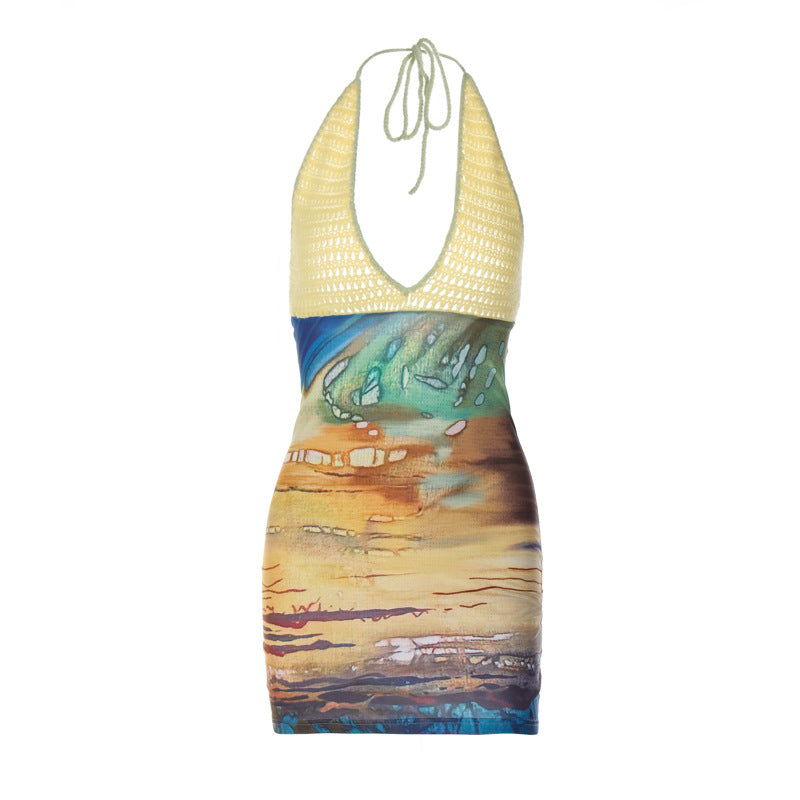 Sexy Floral Color Block V-Neck Bodycon Dress