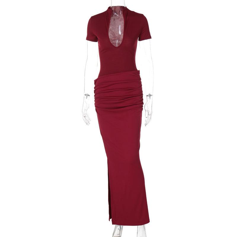 Sexy Deep V-Neck Short Sleeve Ruffled Midi Dress
