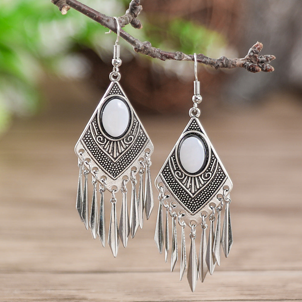 Diamond-Shaped Alloy Earrings with Turquoise Tassels for Women