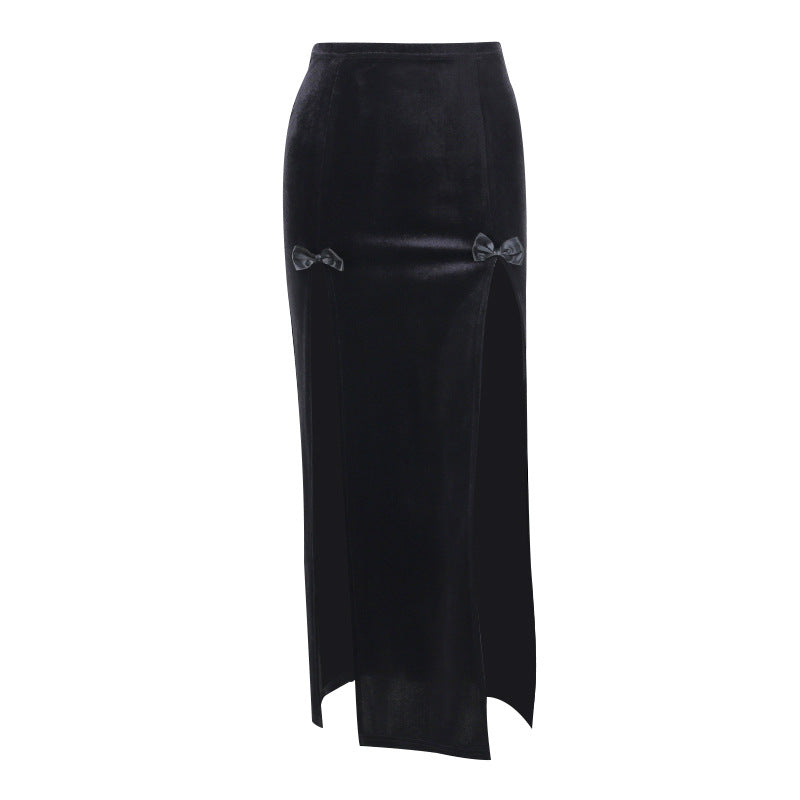Punk Style High Waist Split Maxi Skirt with Bow