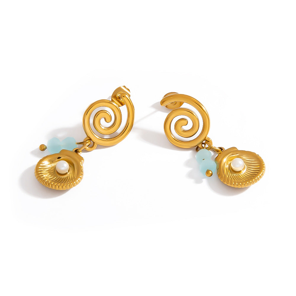 Ocean-Inspired Pearl Shell Pendant Earrings 18K Gold Titanium Steel