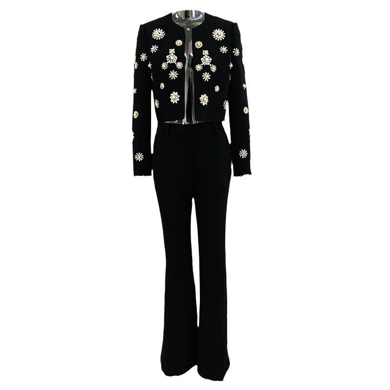 Trendy Casual Beaded Jacket And Flared Pants Set