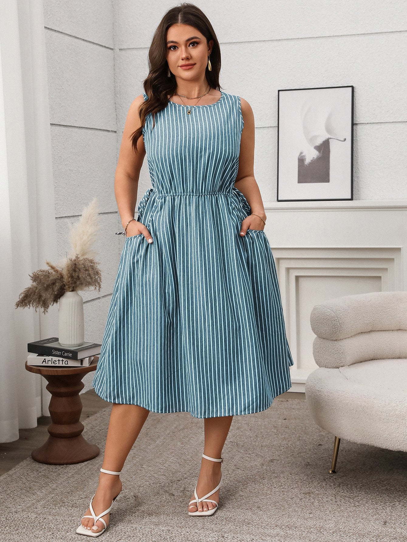 Stylish Striped Pocket Sleeveless Midi Dress For Casual Wear