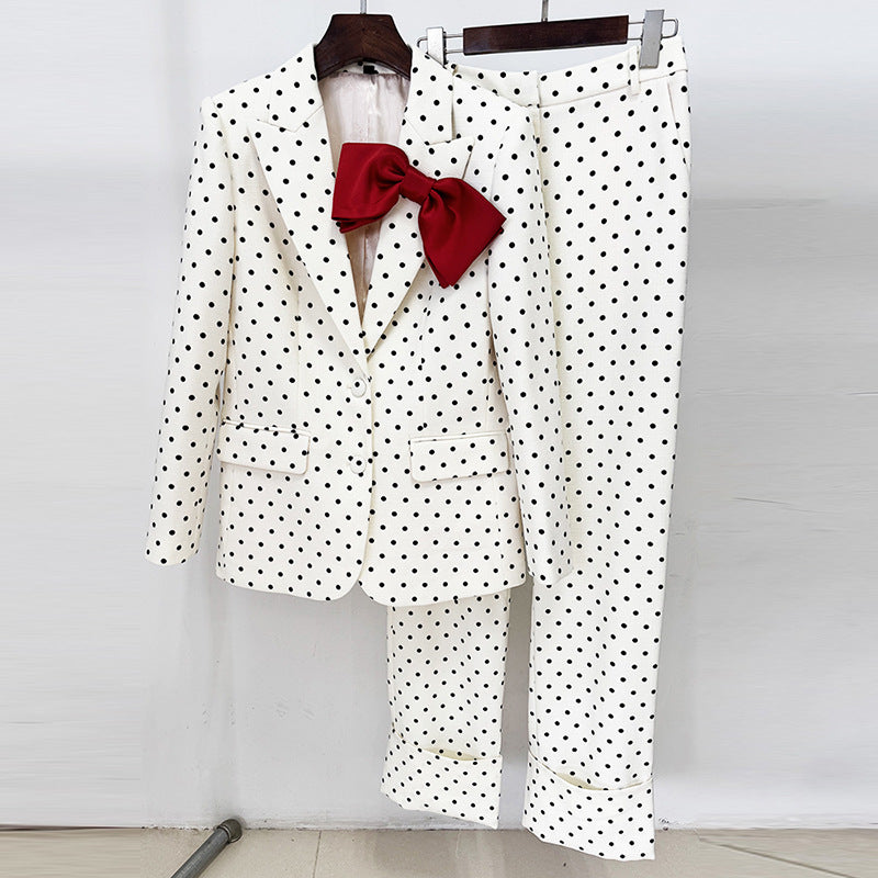 Polka Dot Blazer And Trousers Set With Bow Decoration
