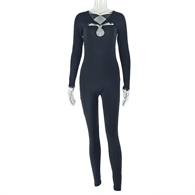 Trendy Solid Color Cutout Metal Ring Bodysuit