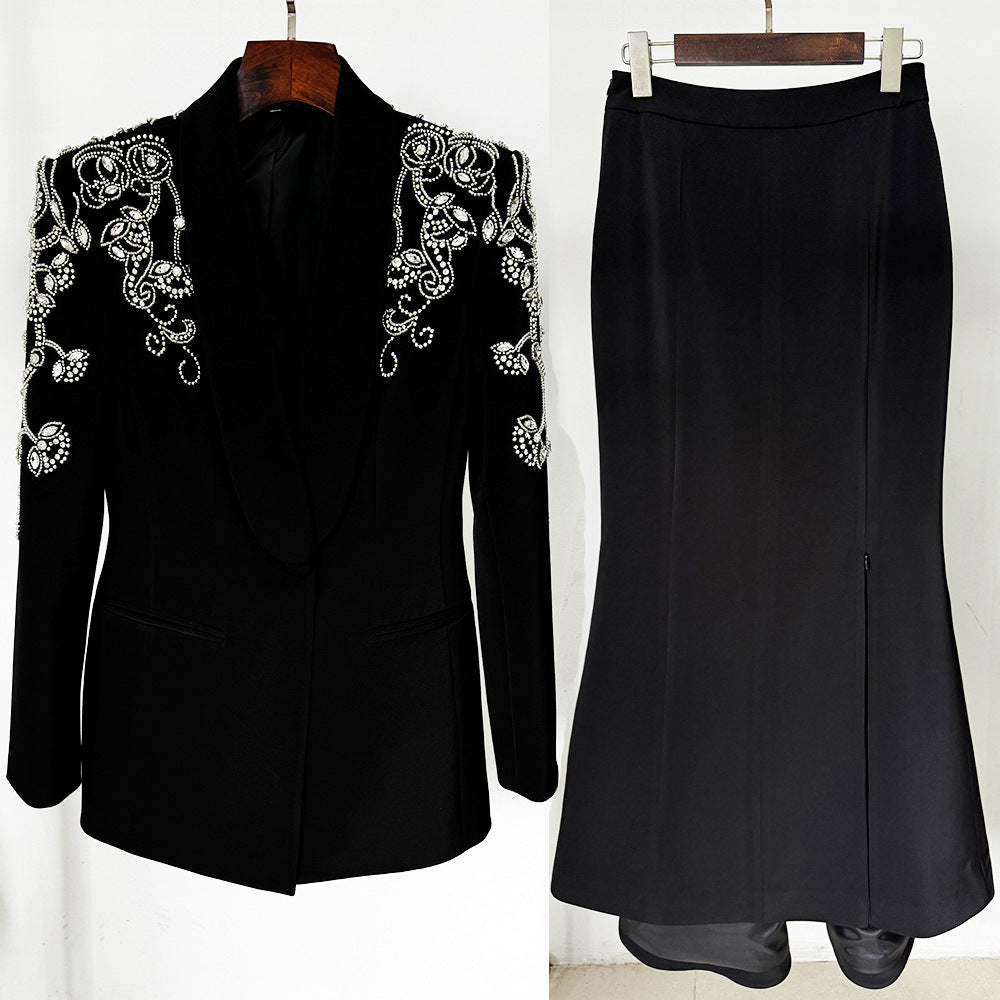 Glam Rhinestone Suit Jacket With Fish Tail Long Skirt