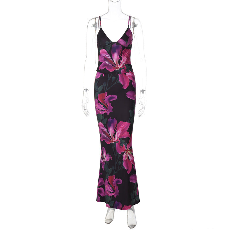 Trendy Floral V-Neck Sleeveless Top & Bodycon Skirt Set