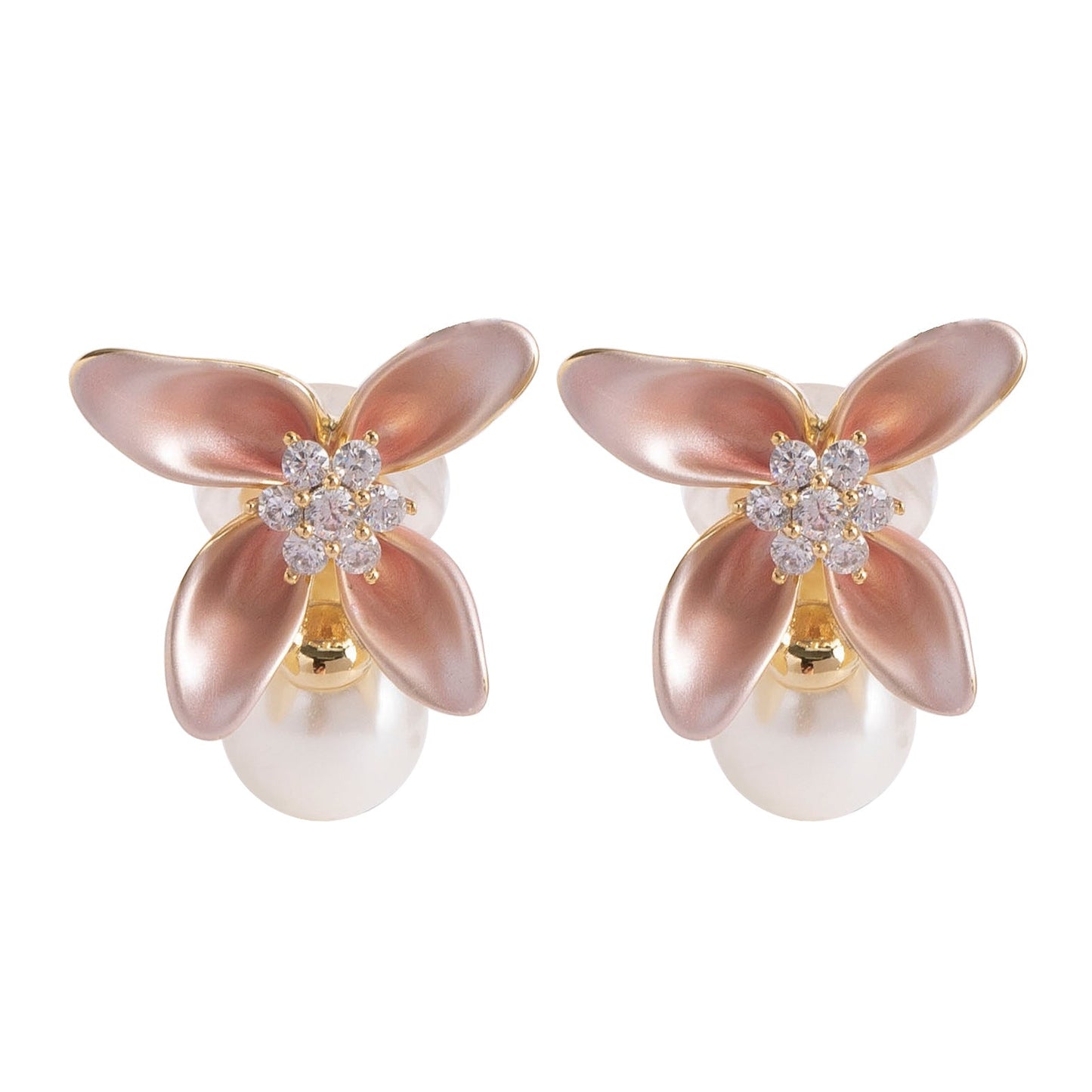 Dopamine Pink Enamel Flower Clip-On Earrings With Pearls