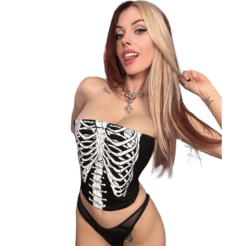 Skeleton Print Strapless Crop Top