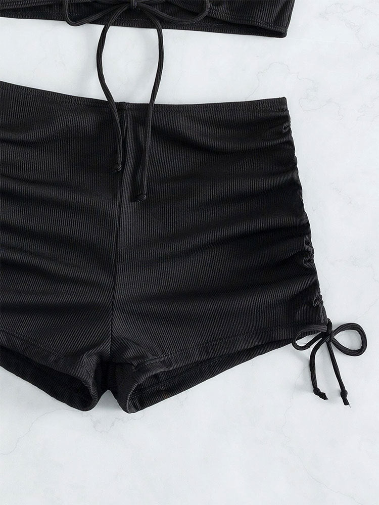 2PCS Solid Color Halter Drawstring Swimwear