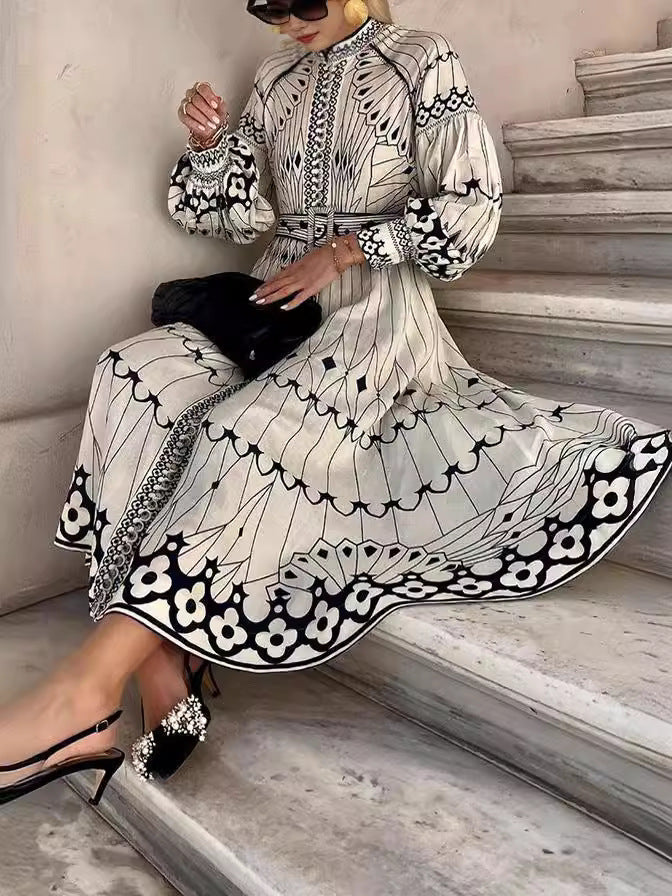 Elegant Long Sleeve Floral Print Dress with Waist Belt