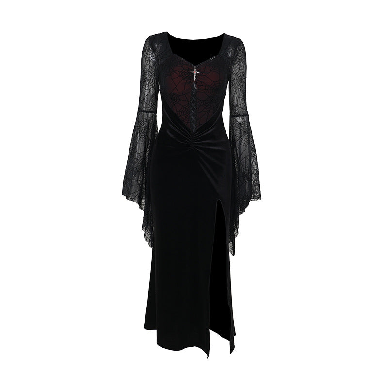 Halloween Elegant Sexy Split Velvet Dress with Bell Sleeves