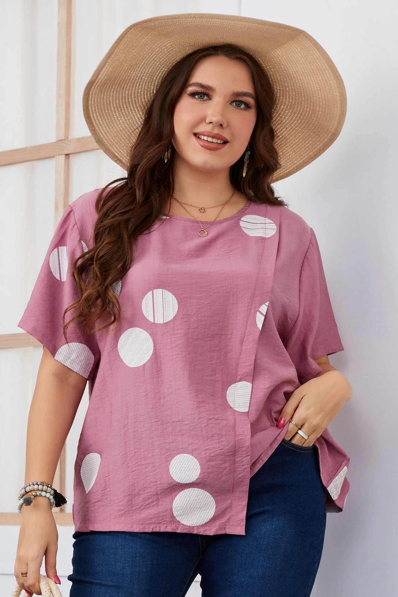 Plus Size Polka Dot Short Sleeve T-Shirt Casual Style