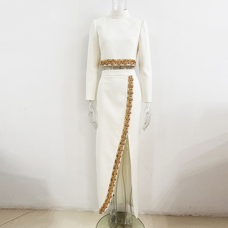 Sequin Beaded Short Top and Maxi Skirt Set