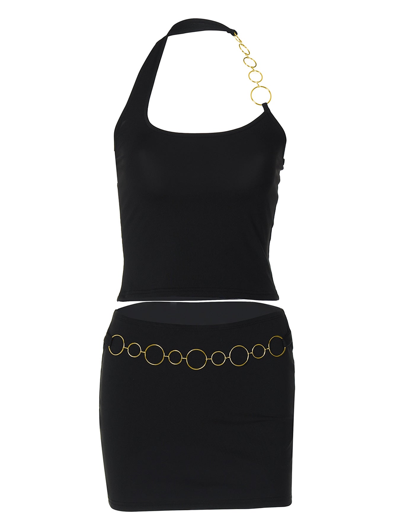 Trendy Street Style Black Chain Neck Halter Crop Top and Mini Skirt Set