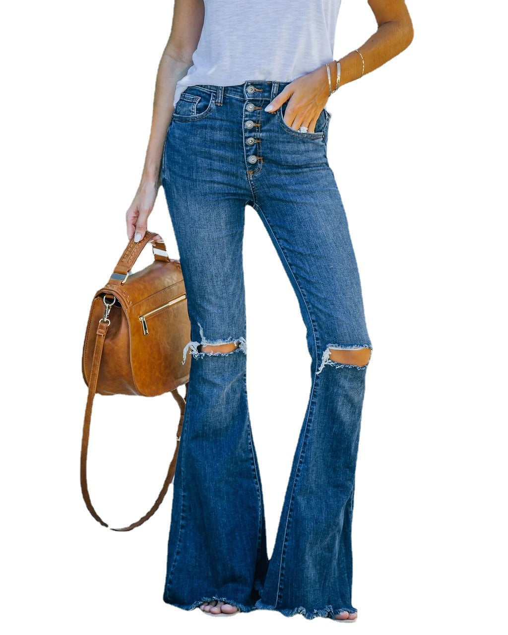 Trendy Casual High-Waisted Dark Wash Denim Flare Pants