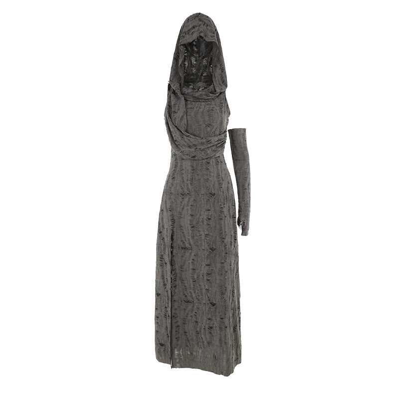 Hooded Long Dress with Side Slit in Solid Gray