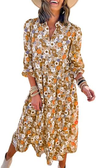 New Casual Loose Long-Sleeved V-Neck Women'S Bohemian Floral Elegant A-Shaped Dress