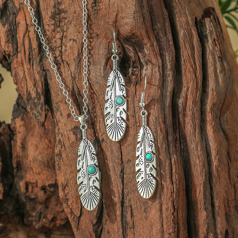 Bohemian Geometric Earrings and Necklace Set with Turquoise Accents