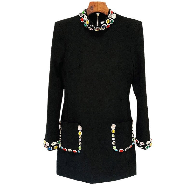 Fashionable Long Sleeve Beaded Dress With Colorful Gems