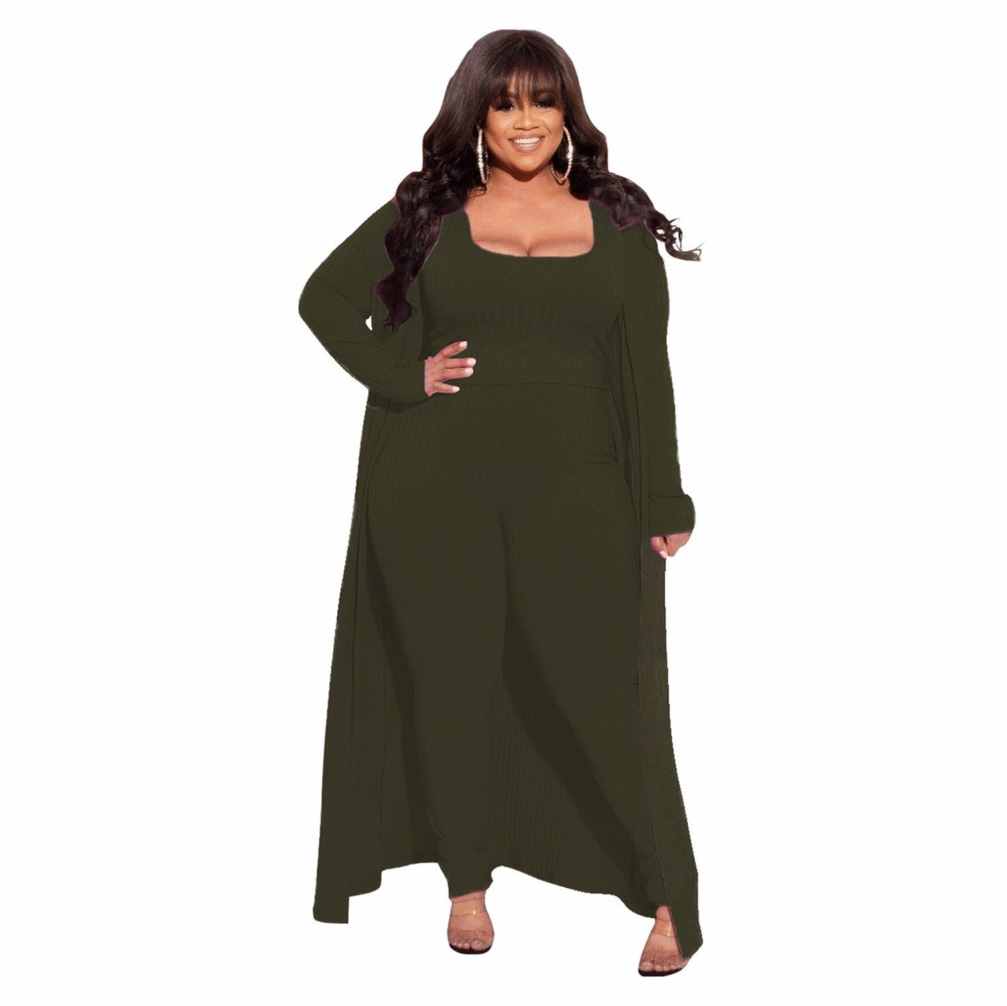 High Stretch Ribbed Three-Piece Set Stylish Casual Outfit