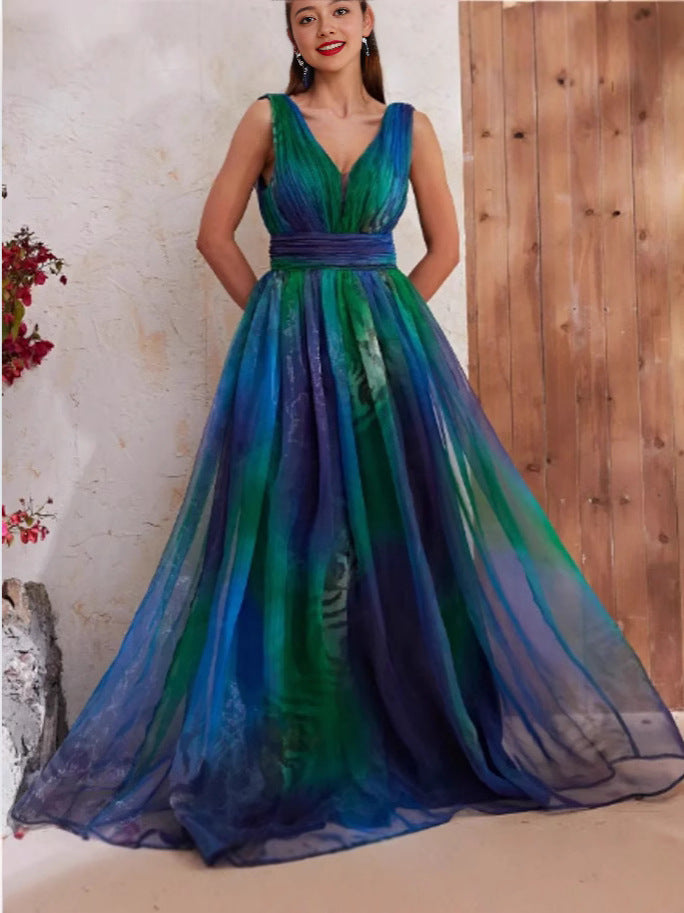 Floral Print Deep V-Neck Chiffon Maxi Dress For Women