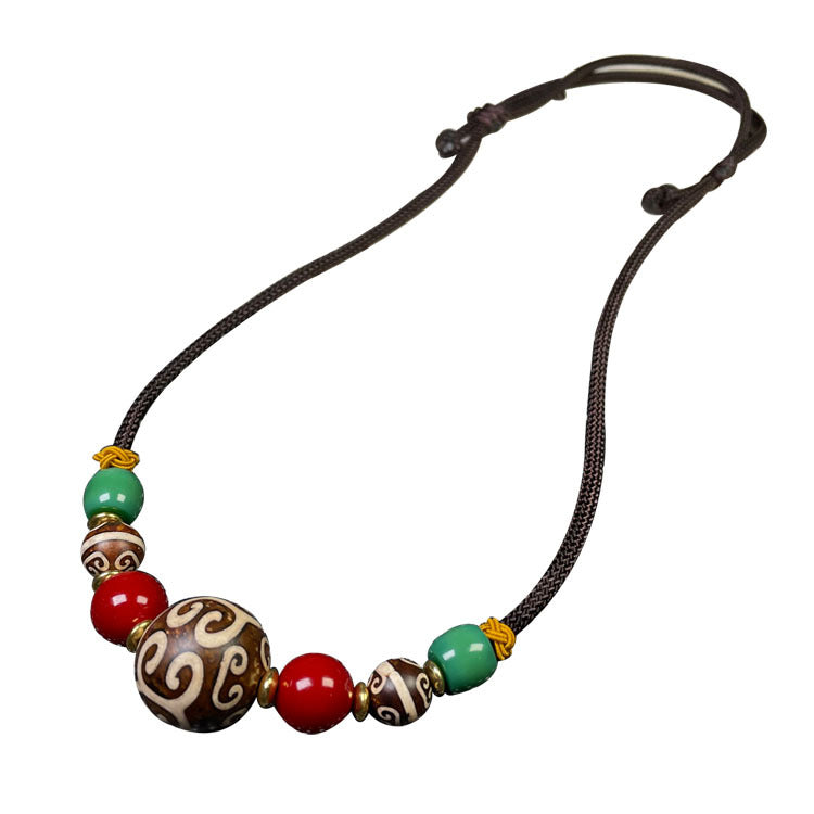 Tibetan Pattern Beads Lanyard Clavicle Chain With Aka Red Xueba Glass Accessories Necklace