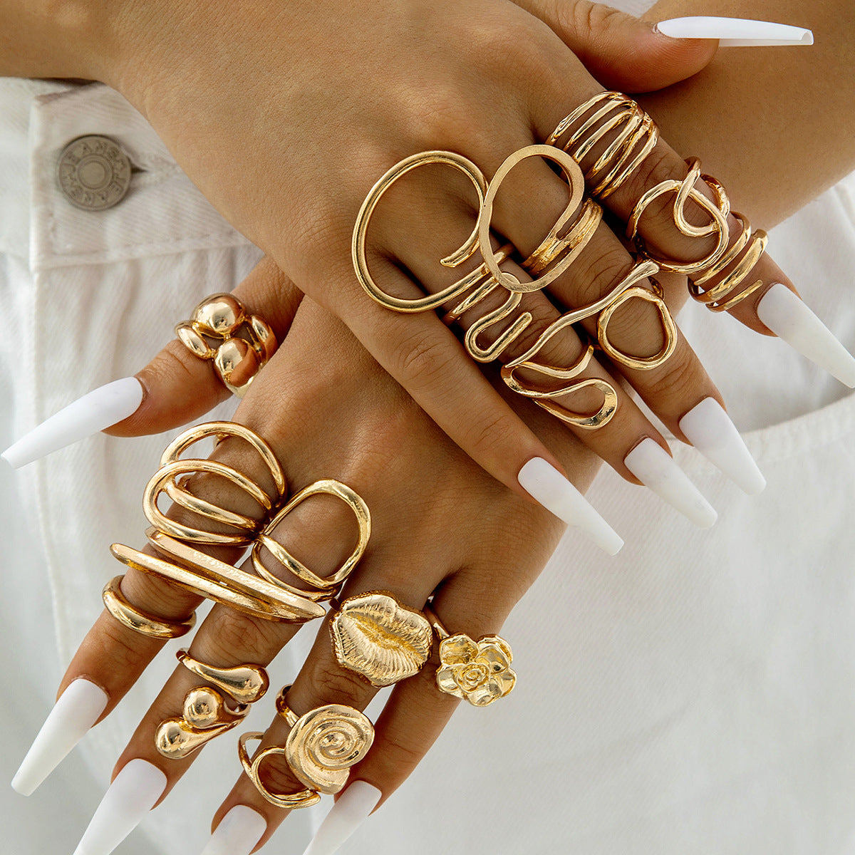 Geometric Statement Lip Alloy Pearl Ring Set