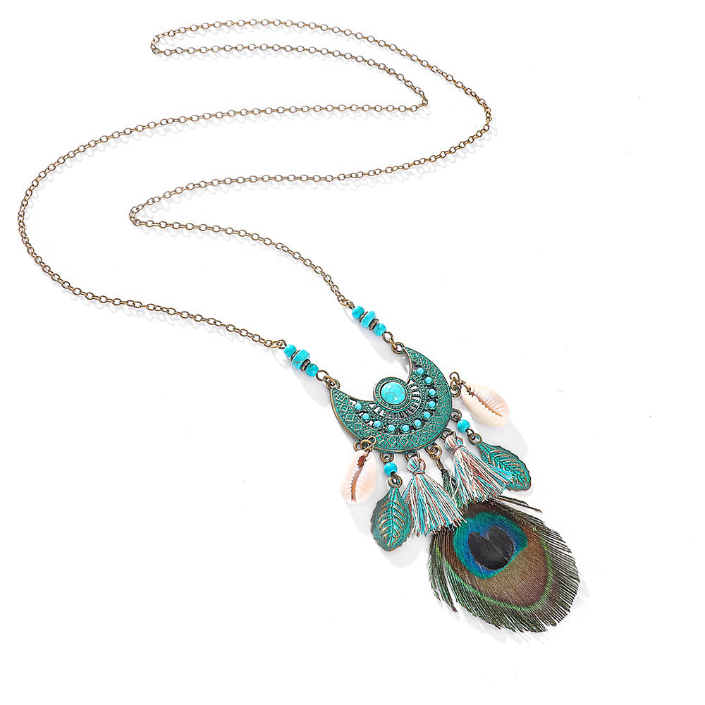 Fashionable Long Pendant Necklace with Geometric Design and Peacock Feather