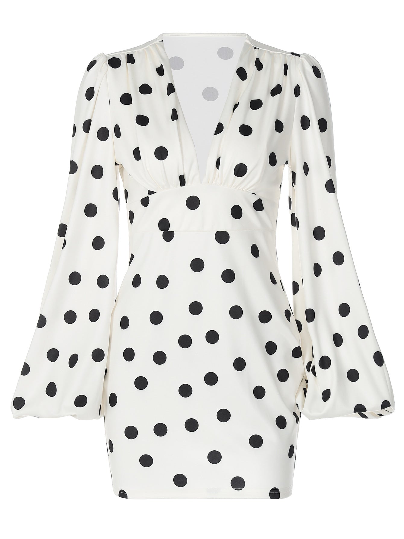 Fashion Polka Dot Printed Deep V Bodycon Dress with Bell Sleeves