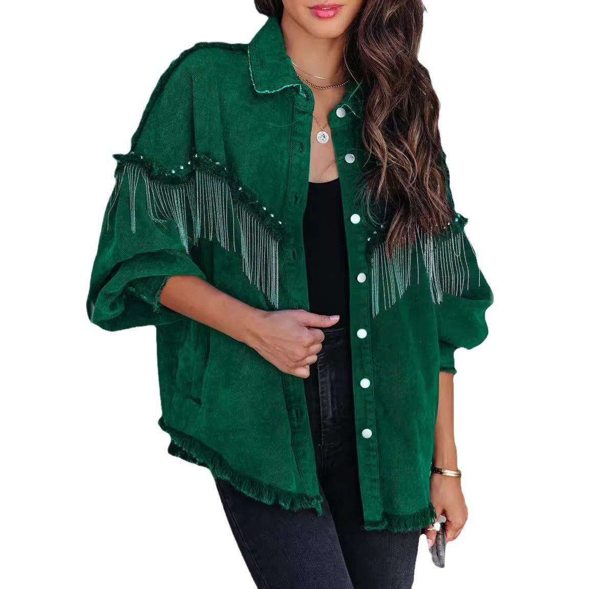 Street Fashion Studded Denim Jacket with Chain - Trendy Casual Outerwear