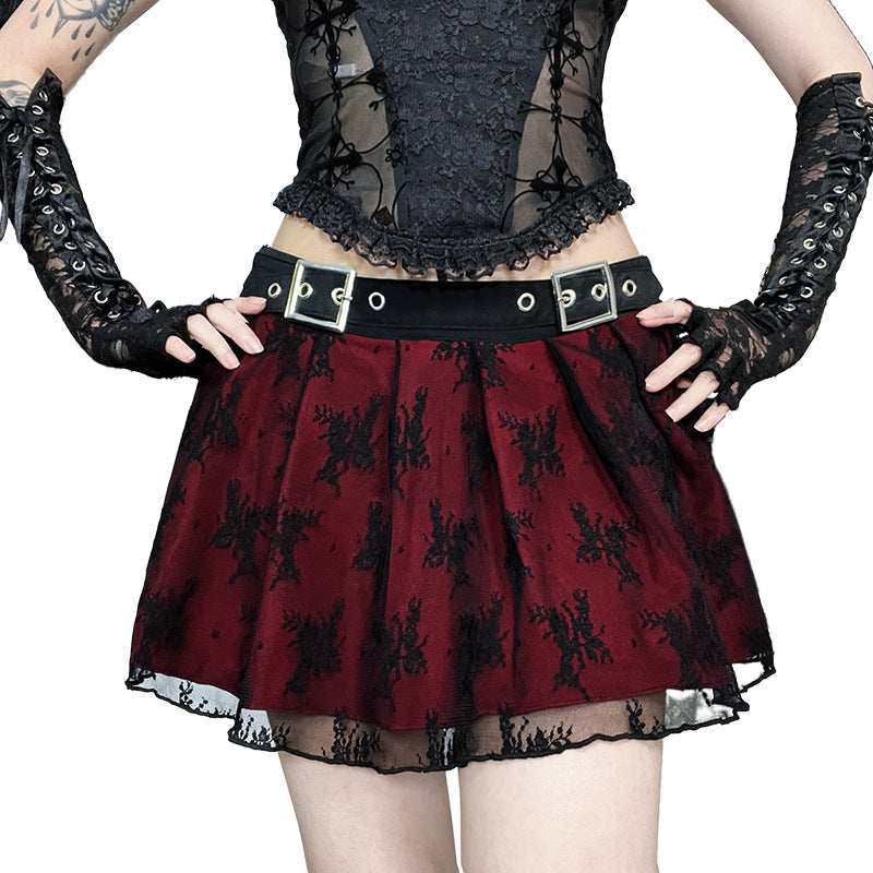 Red Lace Pleated Mini Skirt Sexy Street Style