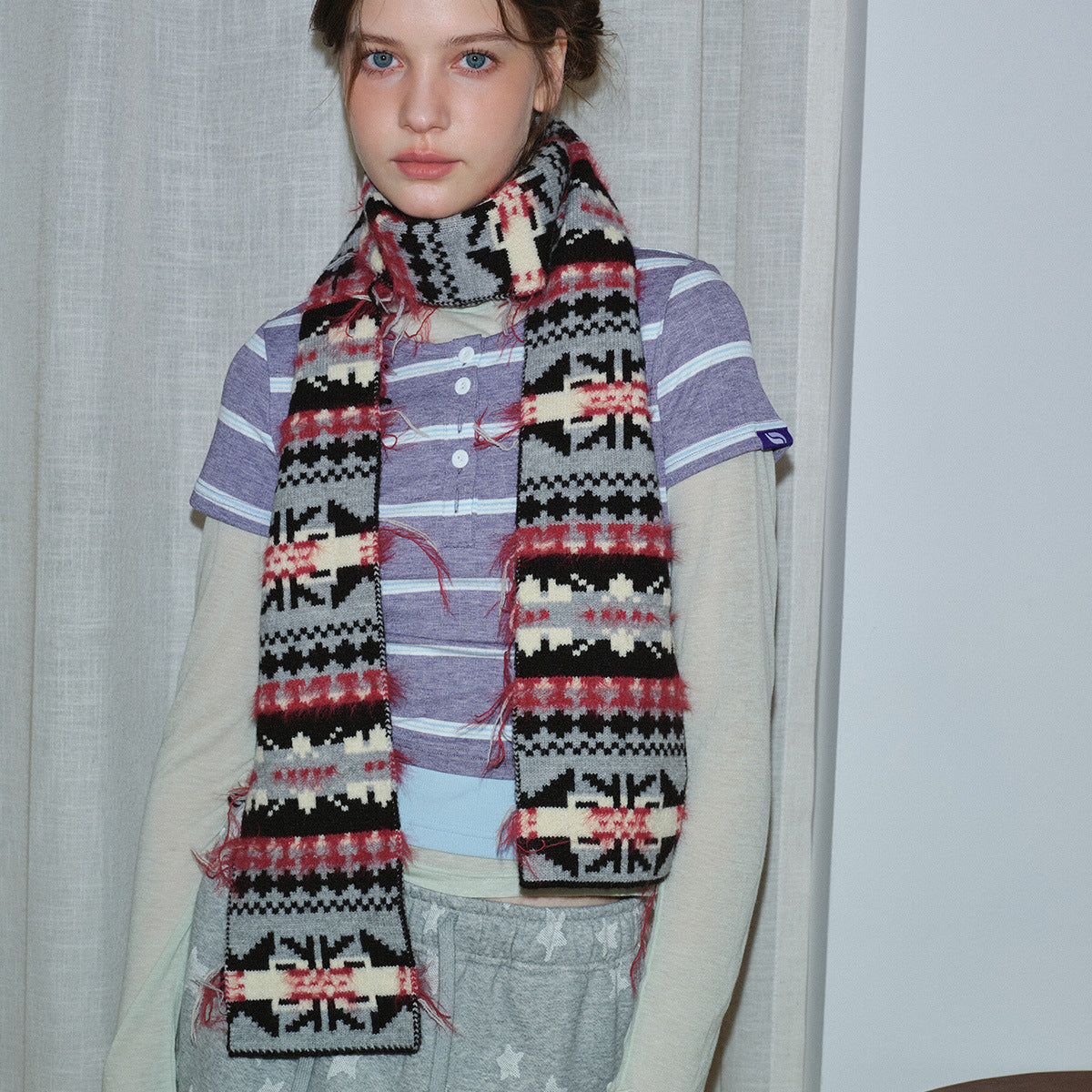 Retro Color Block Knit Scarf for Women